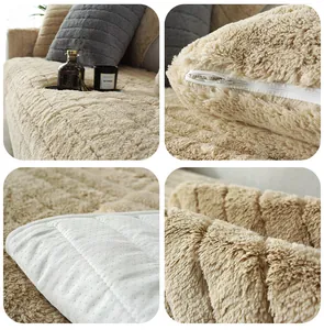 Detail of plush sofa cover showing non-slip silicone dots and smooth zipper closure