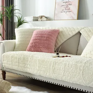 Modern Thick Plush Sofa Cover Non-slip Warm Settee Cushion Universal Solid Color Striped Furniture Protector For Living Room Home Decor