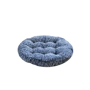 Japanese style round zabuton cushion with blue seigaiha wave pattern for meditation