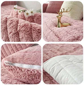 Detail of pink plush sofa cover showing non-slip backing and smooth hidden zipper