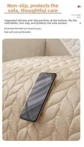 Detail of beige plush sofa cover featuring anti-slip silicone particles and leaf quilting