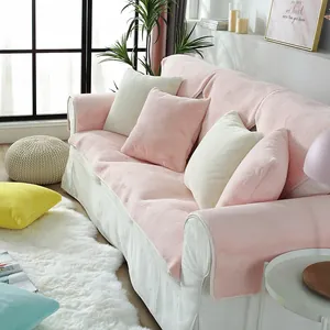 Nordic plush faux rabbit fur sofa cover in pink and cream white for winter home decor