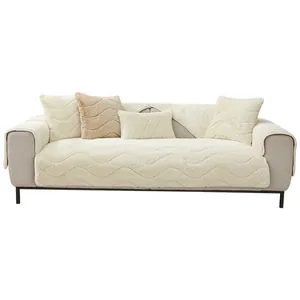 Plush thickened warm winter sofa cover set with wave quilting in cream and beige