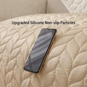 Quilted non-slip sofa cushion with beige leaf texture and anti-skid silicone particles