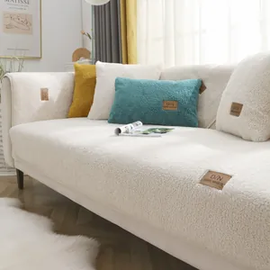 Housse de Canapé Antidérapante en Laine d'Agneau Coussin en Peluche Épaissi Nordique Simple Chaud Hiver Couleur Unie