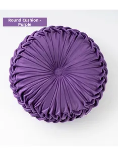 Macro detail of purple round pleated velvet floor cushion with button and woven texture