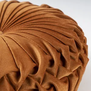 Caramel round velvet pumpkin pillow with handcrafted pleated design for home decor