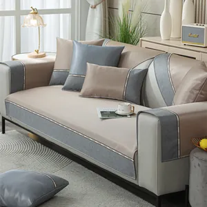 Detail of washable cooling ice silk sofa cover with Change letter ribbon and grey-blue trim