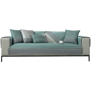 Washable ice silk sofa mat set with modern teal and grey woven texture and pillows
