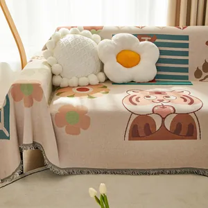 American Country Cartoon Tiger Cat Sofa Towel Fringed Cotton Linen Blend Decorative Throw Blanket Soft Sofa Slipcover