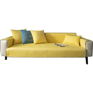 Modern quilted latex ice silk sofa mat set in bright yellow with matching pillows