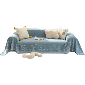 Blue linen cotton sofa cover with cute white bear pattern and stylish fringe edges