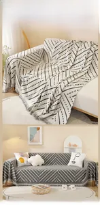 Detailed view of double-sided woven sofa cover with geometric patterns and fringe edges