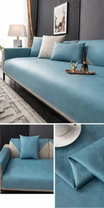 Detail of waterproof light blue sofa cover fabric texture and matching pillow case