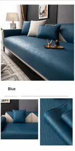 Detail of waterproof dark blue textured sofa cover fabric with matching pillow cases