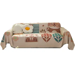 Country style sofa cover with cartoon tiger pattern and elegant fringed edges