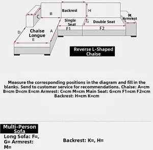 Detailed size guide and measurement chart for L-shaped sectional sofa slipcovers in cm