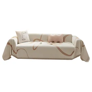 Minimalist cream chenille sofa cover with abstract lines and elegant fringe edges