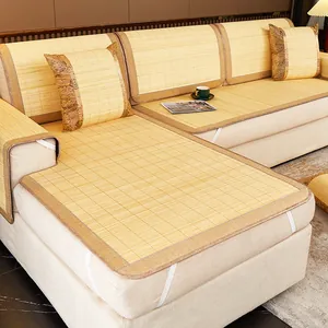 Summer Bamboo Fiber Sofa Cushion Mat Cooling Non-slip Striped Floral Pattern Breathable Seat Cover For Living Room Home Decor