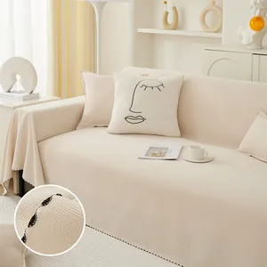 Nordic Chenille Sofa Cover With Scalloped Edge Waffle Weave Rice Grain Texture Full Coverage Protective Couch Blanket Throw