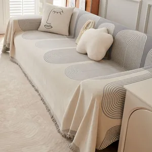 Housse de Canapé en Chenille Motif Géométrique Nordique Protection Antidérapante Lavable en Machine Couverture Décorative avec Franges