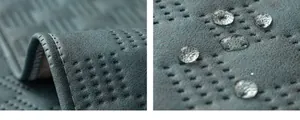 Makroaufnahme von wasserdichtem Technik-Stoff für Sofas mit Wassertropfen auf Lochmuster