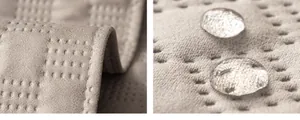 Nahaufnahme von wasserdichtem High-Tech-Sofakissen mit rutschfester Textur und Wassertropfen
