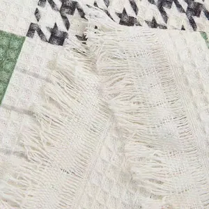 Fresh ins-style cream waffle weave sofa cover throw with fringe and houndstooth pattern