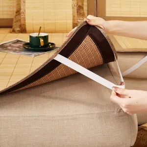 Summer bamboo sofa mat with dark brown fabric edge and breathable mesh backing