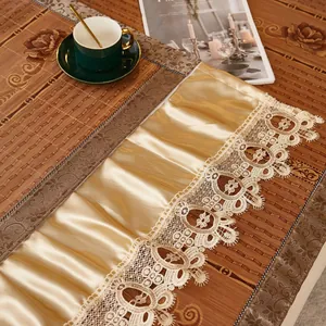 Bamboo sofa mat with luxury rose jacquard and white lace trim for summer living room