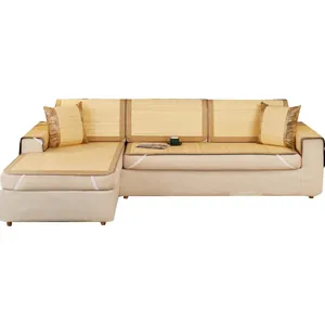 Bamboo sofa mat set with non-slip backing and wide dark brown fabric edging for summer