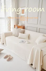 Detailed texture of waterproof milky white teddy fleece sofa cover in living room