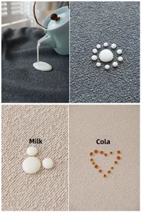 Waterproof teddy velvet sofa cover fabric showing hydrophobic milk and cola drop resistance
