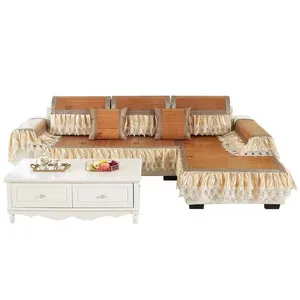 Brown bamboo sofa cooling mat set with champagne gold silk ruffles and lace trim