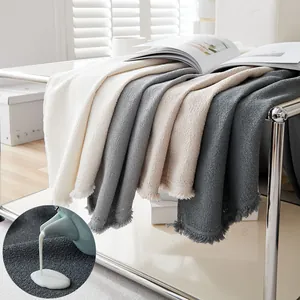 Waterproof cream teddy fleece sofa cover set in white beige and grey with fringed edges