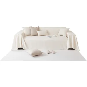 Waterproof teddy velvet sofa cover in cream white with matching textured throw pillows