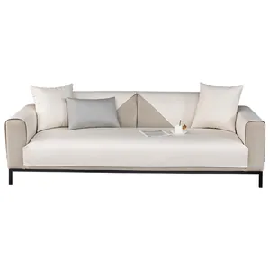 Waterproof leather texture sofa cover with cream and brown geometric patchwork pattern