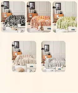 Macro detail of geometric knit sofa covers with tassel fringe in five color options