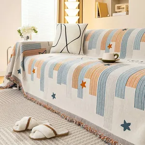 Copridivano in Ciniglia Moderno Motivo a Stelle e Strisce Decorativo Coperta con Nappe Lavabile in Lavatrice Copertura Completa per Mobili