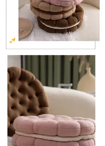 Macro detail of plush sandwich cookie pillows showing soft texture and cream filling layers
