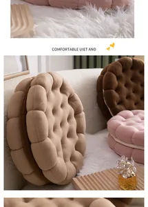 Macro detail of plush cookie shaped cushions in brown, khaki and pink colors for home decor