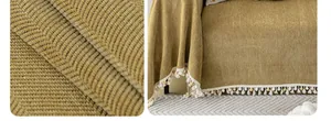 Detailed view of yellow herringbone chenille sofa cover with pom-pom fringe and texture
