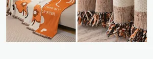 Dettaglio copridivano in ciniglia con motivi floreali, frange arancio e trama a maglia