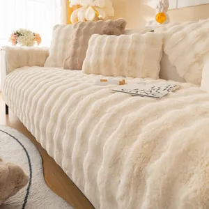 Detail of plush faux rabbit fur sofa cover with vertical striped embossing texture
