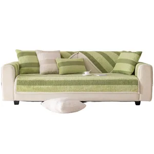 Thick faux rabbit fur sofa cover with anti-slip texture in green and white stripes