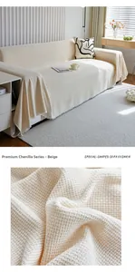 Close-up of premium beige chenille sofa cover with textured woven waffle pattern