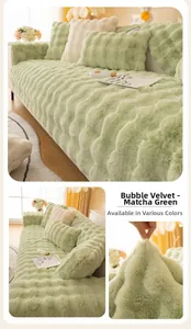 Close-up of Matcha Green bubble velvet sofa cover with soft wavy texture and pillow