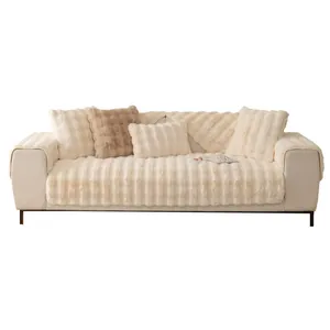 Plush non-slip rabbit fur sofa cover set with striped texture in beige and khaki