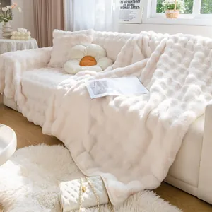 Plush cream white thickened sofa cover with 3D bubble texture for winter warmth