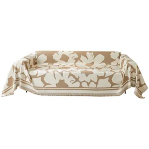Housse de canapé fleurie nordique à franges en tissu tricoté beige et crème